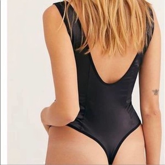 Free People size Small black stretch silk bodysuit scoop front & back , thong - Picture 2 of 7